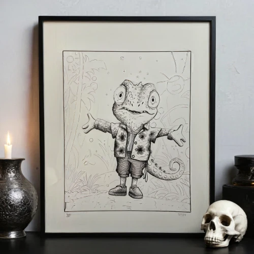 frog figure,kraang,woodring,oddworld,mwonzora,frame illustration,day of the dead frame,kozik,kricfalusi,mignola,psychonauts,jazz frog garden ornament,skrang,framed paper,royo,vintage skeleton,mezzotints,pleakley,krang,sacoglossan