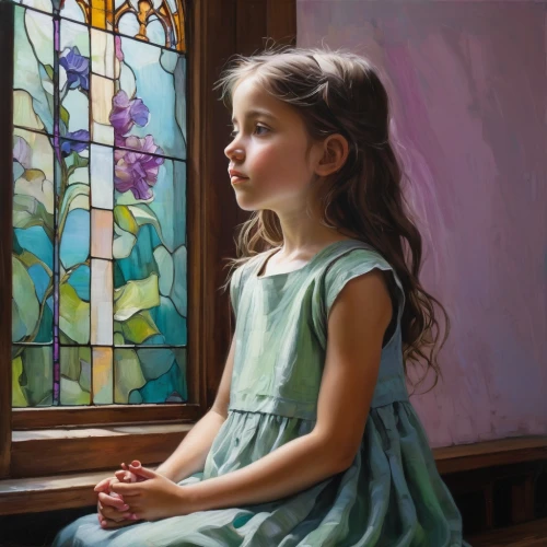 girl praying,girl sitting,photorealist,heatherley,little girl in pink dress,young girl,mystical portrait of a girl,relaxed young girl,oil painting,church painting,oil painting on canvas,jeanneney,hyperrealism,glass painting,girl portrait,the little girl,art painting,little girl,dmitriev,little girls,Illustration,Realistic Fantasy,Realistic Fantasy 28