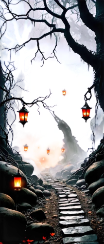 lanterns,pathway,hollow way,halloween background,the path,fairy lanterns,the mystical path,forest path,path,paths,wooden path,fantasy landscape,streetlamps,lamplight,walkway,dusk background,street lantern,street lamps,birch alley,pathways,Conceptual Art,Fantasy,Fantasy 34