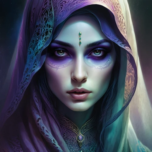 jaina,violet head elf,sorceress,fantasy portrait,priestess,sorceresses,wodrow,liliana,fantasy art,morwen,amidala,mystical portrait of a girl,inara,veil purple,crone,drow,islamic girl,fortuneteller,muslim woman,estess,Illustration,Realistic Fantasy,Realistic Fantasy 15