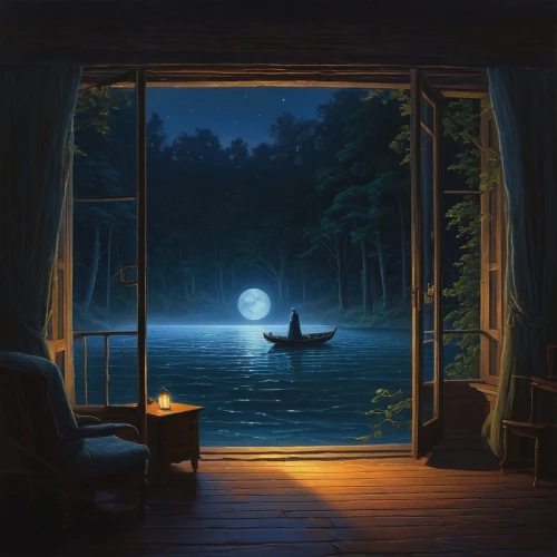 night scene,fantasy picture,moonlit night,dubbeldam,romantic scene,dreamscapes,evening lake,quietude,crewdson,evening atmosphere,cave on the water,romantic night,moonlight,boat landscape,moonlit,dream art,seclusion,moonglow,boathouse,dreamscape,Illustration,Realistic Fantasy,Realistic Fantasy 27
