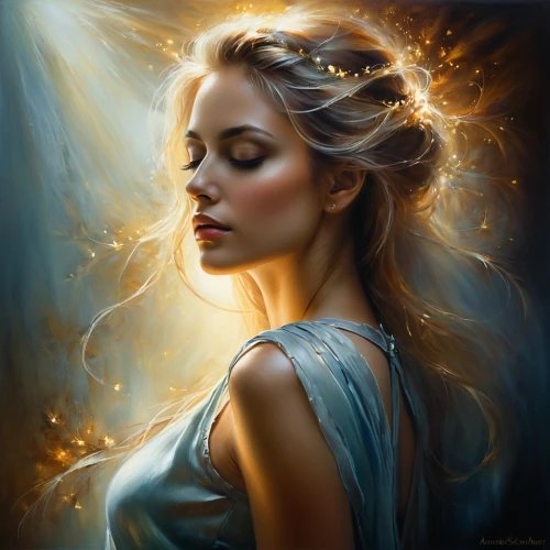 mystical portrait of a girl,romantic portrait,fantasy portrait,fantasy art,world digital painting,donsky,oil painting on canvas,sigyn,faery,luminous,enchantment,glow of light,light of art,fantasy picture,heatherley,behenna,art painting,golden haired,radiance,blonde woman,Conceptual Art,Daily,Daily 32
