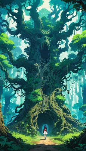 ghibli,studio ghibli,yggdrasil,fairy forest,pomponia,oak,the forest,banyan,cartoon forest,magic tree,girl with tree,forest,forest tree,arbor,ponyo,the girl next to the tree,forest background,cartoon video game background,yazaki,tree grove,Illustration,Japanese style,Japanese Style 03