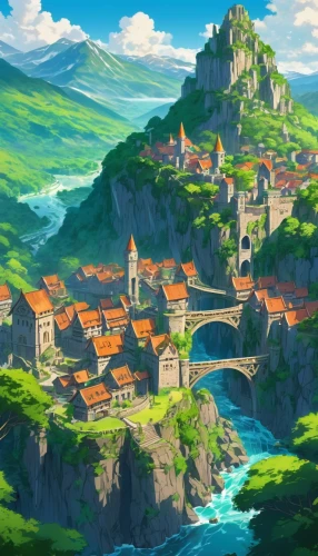 meteora,ghibli,butka,machico,yazaki,ancient city,mountain settlement,knight village,mountain village,fantasy landscape,uzak,kanto,skylands,fantasy city,prefecture,sylvania,mountain world,alpine village,medieval town,citadels,Illustration,Japanese style,Japanese Style 03