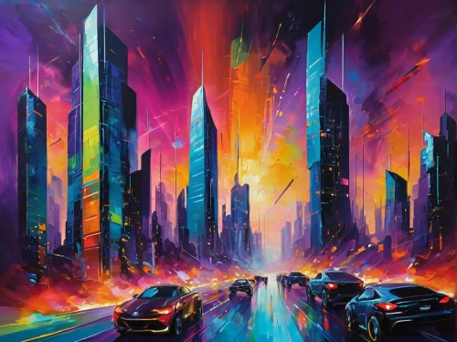 colorful city,cityscape,futuristic landscape,city in flames,cosmopolis,city highway,cybercity,cityscapes,city scape,metropolis,kaleidoscape,superhighways,city cities,bladerunner,welin,skyscrapers,city skyline,fireworks art,cities,megacities,Conceptual Art,Oil color,Oil Color 20