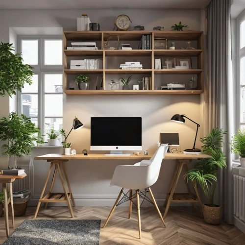 wooden desk,working space,desk,modern decor,modern office,modern room,blur office background,home corner,home interior,office desk,computer workstation,apartment,3d rendering,scandinavian style,shared apartment,writing desk,contemporary decor,an apartment,danish room,interior design,Photography,General,Realistic