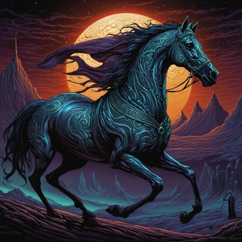 black horse,sleipnir,equus,bronze horseman,horseman,darkhorse,equine,alpha horse,fire horse,cheval,painted horse,bucephalus,colorful horse,kelpie,horse,nighthorse,wild horse,unicorn background,pegasys,garrison,Illustration,Realistic Fantasy,Realistic Fantasy 25