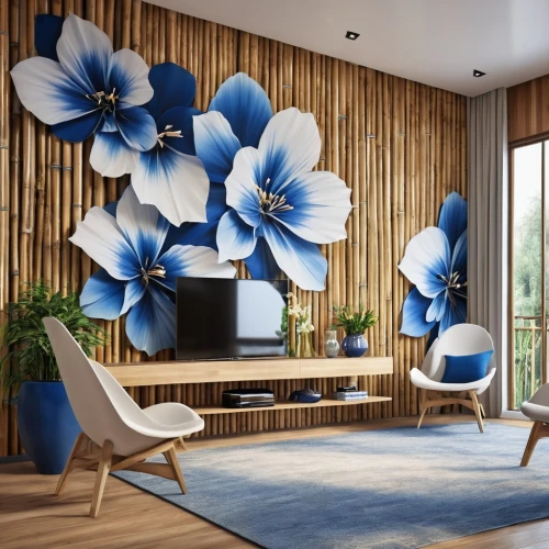 modern decor,contemporary decor,retro modern flowers,mid century modern,patterned wood decoration,flower wall en,blu flower,blue room,interior modern design,modern living room,interior decoration,modern room,blue flax,mahdavi,wallcoverings,mid century house,decors,interior design,wallcovering,interior decor,Photography,General,Realistic