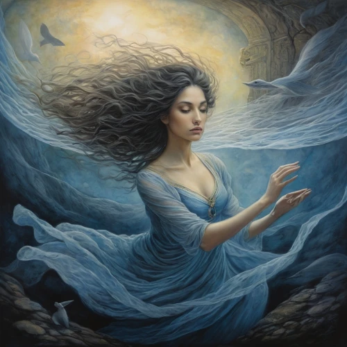 amphitrite,mystical portrait of a girl,sirene,fathom,blue enchantress,whirlwinds,the wind from the sea,ariadne,sirena,naiad,melian,hesperides,volia,enchantment,ophelia,undine,persephone,water nymph,thingol,galadriel,Illustration,Paper based,Paper Based 08