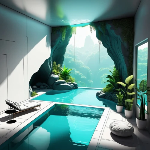 underwater oasis,aqua studio,futuristic landscape,luxury bathroom,pool house,piscine,bathhouse,environments,diamond lagoon,poolroom,batcave,onsen,seclude,swimming pool,bathhouses,seclusion,sanctum,fish tank,virtual landscape,subkingdom,Illustration,Black and White,Black and White 04