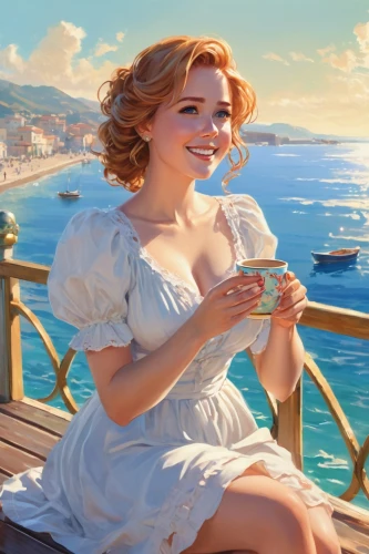 woman with ice-cream,woman drinking coffee,darjeeling,girl with cereal bowl,taormina,vermouth,catalina,azzurra,emile vernon,world digital painting,armonica,cigarette girl,girl on the boat,azzurro,elba,retro pin up girl,principessa,capri,kusadasi,background image,Illustration,Japanese style,Japanese Style 19