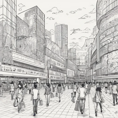 yodobashi,yurakucho,dobashi,shibuya crossing,shinbashi,walkability,omotesando,pedestrianized,akiba,renderings,unbuilt,shibuya,mono-line line art,ginza,shimbashi,cybercity,comiket,megaproject,centralworld,comitia,Illustration,Black and White,Black and White 05