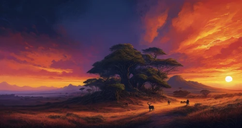 fantasy landscape,fantasy picture,burning tree trunk,lone tree,mushroom landscape,isolated tree,landscape background,volcanic landscape,burnt tree,world digital painting,burning bush,evening atmosphere,orange sky,scorched earth,lonetree,rural landscape,fantasy art,high landscape,nature landscape,dusk,Illustration,Realistic Fantasy,Realistic Fantasy 25