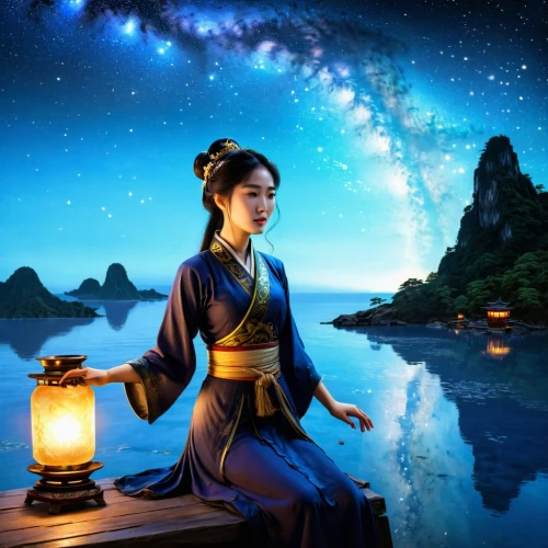 hanfu,chuseok,oriental princess,mid-autumn festival,wulin,lanterns,daoism,guqin,kuanyin,jinling,guanyin,oriental lantern,oriental painting,oriental girl,moonlit night,oriental,qimin,water lotus,taoist,sanxia,Illustration,American Style,American Style 11