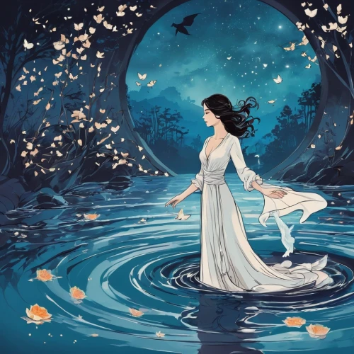 water nymph,night-blooming jasmine,amphitrite,naiad,water lotus,rusalka,jasmine blossom,undine,constellation swan,kupala,scent of jasmine,jasmine,hanfu,jasmine blue,swan lake,ophelia,llorona,naiads,selene,the sea maid,Unique,Design,Sticker