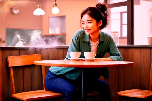 woman drinking coffee,woman at cafe,coffee background,japanese woman,yunjin,lotte,asian woman,japanese tea,coffee shop,coffeeshop,teashop,tea ceremony,watercolor tea shop,green tea,woori,younha,heungseon,yuko,low poly coffee,korean cuisine,Illustration,Japanese style,Japanese Style 20