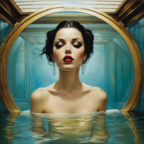 bathysphere,the girl in the bathtub,art deco woman,buoyant,submersion,submerged,amphitrite,submersed,under the water,flotation,submerge,fathom,reflection in water,submerging,hydrophobia,reflections in water,siren,naiad,submersible,sirene,Illustration,Realistic Fantasy,Realistic Fantasy 10