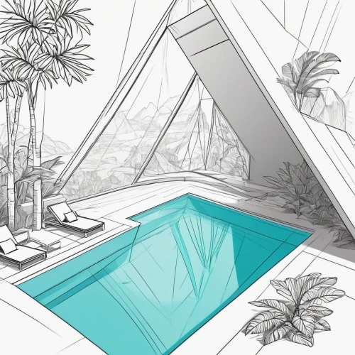 sketchup,pool house,roof top pool,pools,swimming pool,tropical house,roof landscape,outdoor pool,piscine,glass roof,glasshouse,reflecting pool,pool,revit,diamond lagoon,dug-out pool,poolside,virtual landscape,pool water,pool bar,Illustration,Black and White,Black and White 04