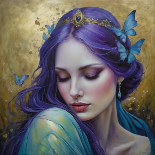 faery,faerie,ulysses butterfly,blue passion flower butterflies,fairie,blue butterflies,fantasy art,la violetta,fantasy portrait,butterfly lilac,heatherley,fairy queen,golden lilac,mystical portrait of a girl,diwata,viveros,blue butterfly,julia butterfly,the lavender flower,butterflies,Illustration,Realistic Fantasy,Realistic Fantasy 30