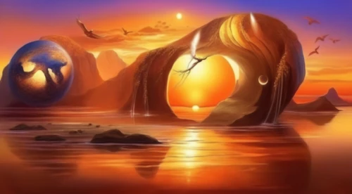 fantasy landscape,cartoon video game background,world digital painting,fantasy picture,futuristic landscape,ofarim,silmarillion,arabic background,mushroom island,background image,landscape background,dolphin background,art background,3d fantasy,fantasy art,sea fantasy,golden sun,flotsam and jetsam,sea landscape,background design,Illustration,Realistic Fantasy,Realistic Fantasy 01