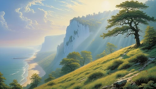 fantasy landscape,mountain landscape,landscape background,mountain scene,coastal landscape,cliffs ocean,mountainous landscape,beautiful landscape,nature landscape,high landscape,cliffside,landscape nature,mountain slope,nature wallpaper,alpine landscape,paysage,clifftop,cliffs,fantasy picture,mountain and sea,Conceptual Art,Sci-Fi,Sci-Fi 19