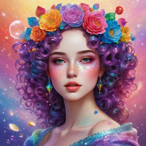 fantasy portrait,fairy galaxy,flower fairy,fantasy art,colorful floral,cosmic flower,mystical portrait of a girl,beautiful girl with flowers,rosa 'the fairy,flowers celestial,colorful background,colorful heart,fairy queen,girl in flowers,fantasy picture,heliotrope,world digital painting,cosmogirl,rosa ' the fairy,fantasy woman,Illustration,Realistic Fantasy,Realistic Fantasy 24