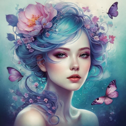 fantasy portrait,blue butterflies,flower fairy,butterfly background,butterfly lilac,fairie,faerie,fairy galaxy,faery,butterfly floral,fairy peacock,butterflies,julia butterfly,ulysses butterfly,fairy queen,aurora butterfly,blue butterfly background,lilac blossom,mystical portrait of a girl,little girl fairy,Illustration,Realistic Fantasy,Realistic Fantasy 15