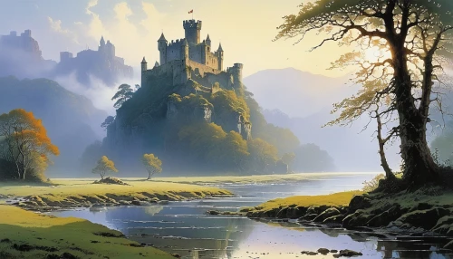 fantasy landscape,nargothrond,gondolin,ruined castle,knight's castle,rivendell,castle,river landscape,fairy tale castle,castles,beleriand,fairytale castle,castletroy,tirith,castel,fantasy picture,riftwar,bewcastle,castledawson,world digital painting,Conceptual Art,Sci-Fi,Sci-Fi 19