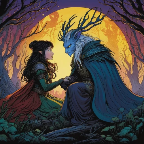 fantasy portrait,silmarillion,fantasy picture,vondra,valar,elenore,kindred,fantasy art,melian,a fairy tale,melkor,fairy tale,matriarch,digital illustration,niobe,beltane,sorceror,wolf couple,fairytale characters,elfland,Illustration,Realistic Fantasy,Realistic Fantasy 04