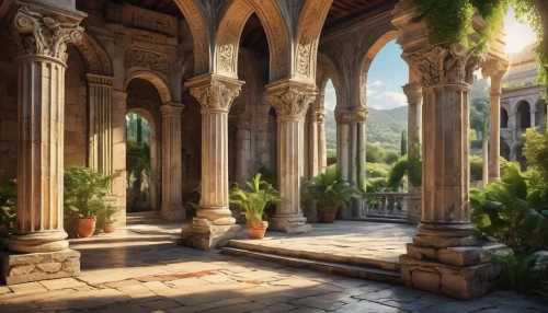 theed,labyrinthian,pillars,cloister,seregil,hall of the fallen,cloisters,celsus library,columns,alhambra,ruins,arches,deruta,mausoleum ruins,venetian,sanctuary,archways,ancient city,marble palace,courtyard,Conceptual Art,Oil color,Oil Color 24