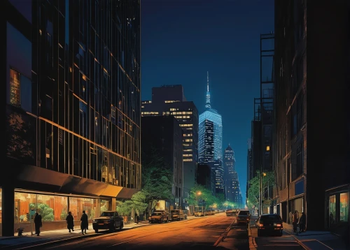 city scape,cityscapes,manhattan,chrysler building,cityscape,1 wtc,city at night,evening city,mcquarrie,skyscrapers,new york streets,coruscant,schuiten,new york,wall street,night scene,schuitema,world digital painting,tall buildings,supertall,Illustration,Japanese style,Japanese Style 20