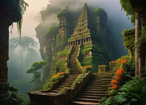 yavin,thai temple,tailandia,buddhist temple complex thailand,ancient city,cambodia,asian architecture,phnom,tikal,rathas,southeast asia,gondwanaland,hanging temple,angkor,shambhala,terraced,khmer,vietnam,shaoming,ancient buildings,Art,Classical Oil Painting,Classical Oil Painting 27