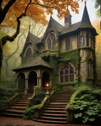house in the forest,witch's house,witch house,forest house,marylhurst,the haunted house,rivendell,fairy tale castle,ghost castle,haunted house,fairytale castle,gothic style,haunted castle,ancient house,dreamhouse,ravenloft,briarcliff,creepy house,mirkwood,forest chapel,Illustration,Abstract Fantasy,Abstract Fantasy 09