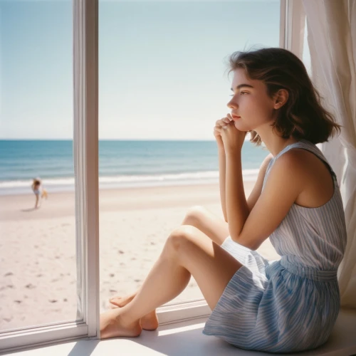 relaxed young girl,window with sea view,sclerotherapy,daydreaming,vettriano,ektachrome,pensively,serene,premenopausal,oceanview,contemplatively,beach background,wistful,girl sitting,photosensitivity,daydreamer,summer feeling,in the summer,seaside view,thoughtful,Photography,Fashion Photography,Fashion Photography 24