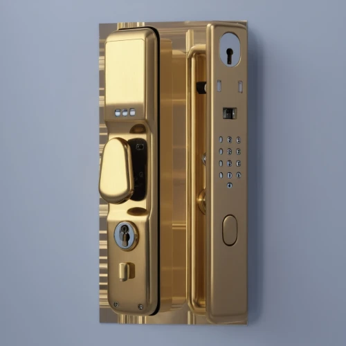 door lock,metallic door,digital safe,cellular phone,door handle,doorbells,gold lacquer,phone booth,handyphone,doorbell,gold paint stroke,viewphone,mobile phone,renders,phone case,gold plated,vertu,gold bar,shockproof,telephone set,Photography,General,Realistic