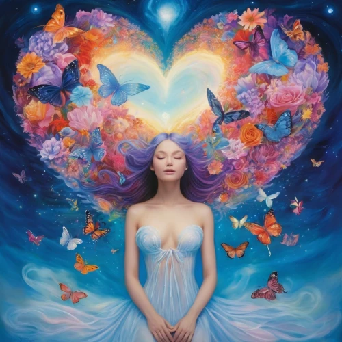 yogananda,heart chakra,colorful heart,winged heart,yogananda guru,lotus hearts,dove of peace,anjo,blue heart,fairy peacock,ulysses butterfly,fantasia,dream art,mantra om,mystical portrait of a girl,aquarius,julia butterfly,heart flourish,passion butterfly,valentierra,Illustration,Realistic Fantasy,Realistic Fantasy 37