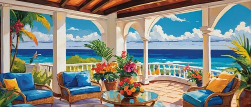 sunroom,beach restaurant,beach hut,mustique,oceanfront,conservatories,window with sea view,verandah,verandahs,margaritaville,breakfast room,beach house,tropical house,cabana,verandas,oceanview,ocean view,solarium,porch,beachfront,Conceptual Art,Oil color,Oil Color 25