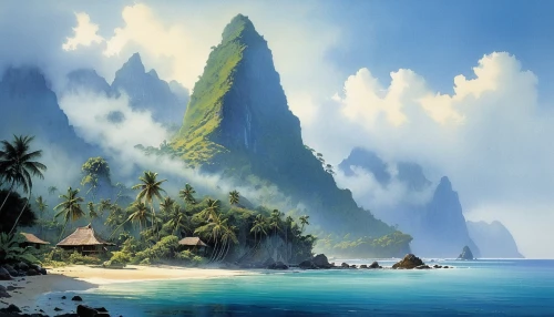 an island far away landscape,coastal landscape,tropical sea,kalalau,landscape background,beach landscape,tropical island,java island,islands,polynesia,sea landscape,lanikai,tahiti,mountain and sea,island,marquesas,hawai,polynesian,samoa,mountain beach,Conceptual Art,Sci-Fi,Sci-Fi 19