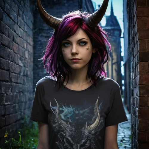 girl in t-shirt,maeve,punk,horned,fantasy portrait,unicorn background,portrait background,unicorn,girl portrait,unicorn art,kallen,lorelai,tshirt,unicorn head,kazzia,grunge,lavagirl,fae,llyra,young girl,Illustration,Realistic Fantasy,Realistic Fantasy 02