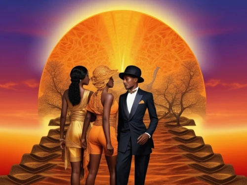 burning man,yellow sun hat,derivable,elopement,cd cover,loving couple sunrise,ladyland,roaring twenties couple,afrofuturism,kemet,qabalah,nyarlathotep,two people,eloped,surrealistic,man and wife,couple silhouette,mariachi,man and woman,ballroom dance silhouette,Illustration,Realistic Fantasy,Realistic Fantasy 21