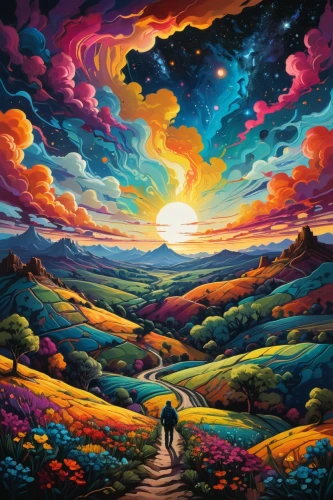 mountain sunrise,kaleidoscape,dreamscape,dream art,high landscape,color fields,mountain landscape,landscape background,valley of the moon,lsd,caminos,mountain scene,mushroom landscape,paisaje,goodsell,landscapes,psychedelia,travelers,zabriski,dmt,Illustration,Realistic Fantasy,Realistic Fantasy 25