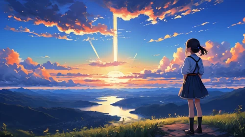 sky,world end,heavenward,daybreak,horizons,summer sky,the horizon,dream world,landscape background,cielo,distant,horizon,skyray,dreamscape,blue sky,bright sun,ciel,clannad,skies,skyhigh,Illustration,Japanese style,Japanese Style 09