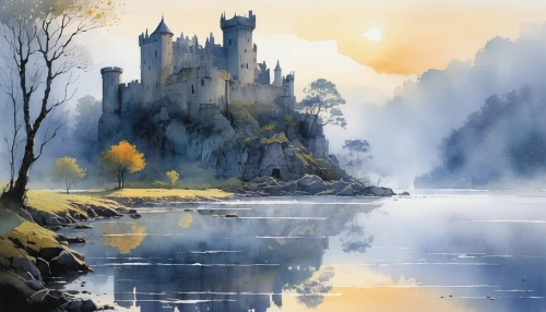 gondolin,brehon,nargothrond,castles,beleriand,ruined castle,thingol,fantasy landscape,castel,winterfell,tirith,fairytale castle,castle,eilean,castle of the corvin,westeros,fairy tale castle,knight's castle,castlelike,watercolor,Illustration,Paper based,Paper Based 07