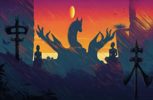 dusk background,pyre,houses silhouette,halloween background,guards of the canyon,tribal arrows,totems,dusk,backgrounds,darklands,decorative arrows,torches,harbingers,glowing antlers,monsoon banner,halloween silhouettes,inward arrows,neon arrows,sentinels,background design,Illustration,Realistic Fantasy,Realistic Fantasy 25