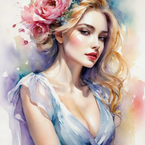 margaery,margairaz,watercolor pin up,rose flower illustration,jessamine,white rose snow queen,watercolor floral background,fantasy portrait,romantic portrait,flower painting,maxon,digital painting,watercolor roses,blue rose,aerith,beautiful girl with flowers,rose of sharon,janna,fairy queen,rozen,Illustration,Paper based,Paper Based 11