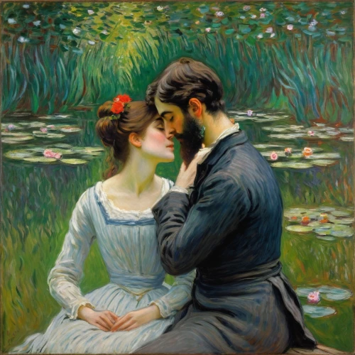 young couple,romantic portrait,renoirs,romantic scene,tuxen,serenade,idyll,courtship,impressionism,mirror in the meadow,pareja,monets,amoureux,sargent,girl in the garden,la violetta,paciello,romantico,amants,enamorado,Art,Artistic Painting,Artistic Painting 04