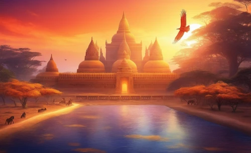 agrabah,buddhist temple complex thailand,ayutthaya,mandalay,paradis,borodundur,theravada buddhism,themyscira,phanom,cambodge,rattanakosin,naboo,thai temple,bagan,tailandia,phnom,dorne,sukhothai,temples,fantasy city,Illustration,Realistic Fantasy,Realistic Fantasy 01