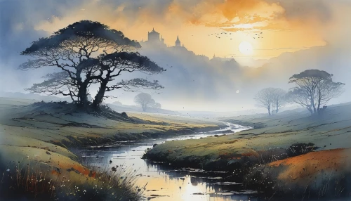 brook landscape,river landscape,fantasy landscape,autumn landscape,rural landscape,landscape background,nature landscape,small landscape,meadow landscape,foggy landscape,dartmoor,coville,landscape,winter landscape,landscape nature,world digital painting,high landscape,river bank,autumn idyll,watercolor background,Illustration,Paper based,Paper Based 07