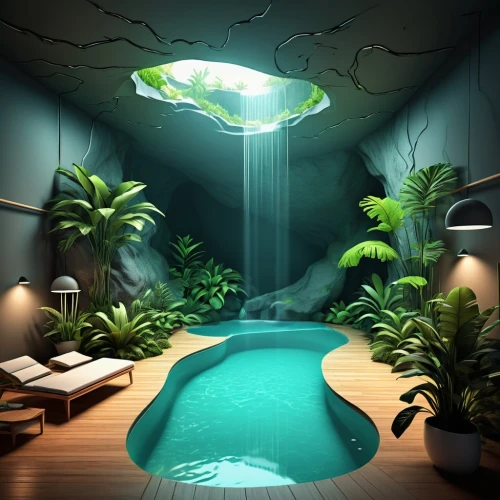 underwater oasis,aqua studio,aquarium,ufo interior,seaquarium,mikvah,3d render,cave on the water,diamond lagoon,acquarium,lagoon,floor fountain,futuristic landscape,3d background,cartoon video game background,swimming pool,bathhouse,koi pond,pool house,island suspended,Illustration,Black and White,Black and White 04