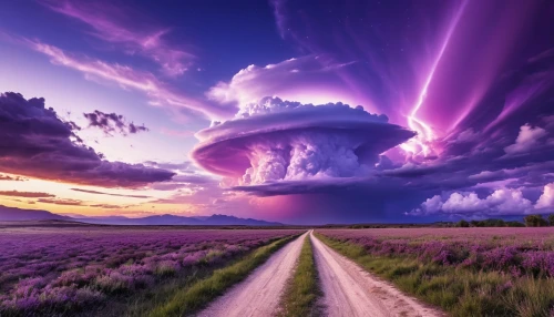 purple landscape,natural phenomenon,wavelength,purple and pink,epic sky,purple,violet colour,amazing nature,a thunderstorm cell,light purple,supercell,dramatic sky,thunderclouds,beautiful landscape,defend,splendid colors,alien world,mesocyclone,purple wallpaper,force of nature,Photography,General,Realistic